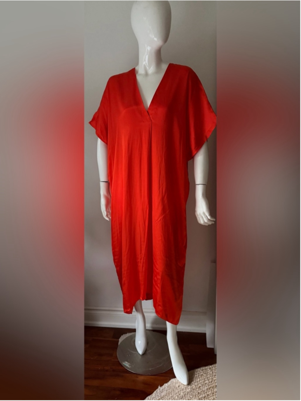 Zara Red Orange Satin Kaftan Maxi Dress Oversized One Size - Picture 8 of 8